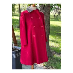 60s Best & Co Red Wool Pea Coat Dress Coat Persian Fur Collar Fall Jacket